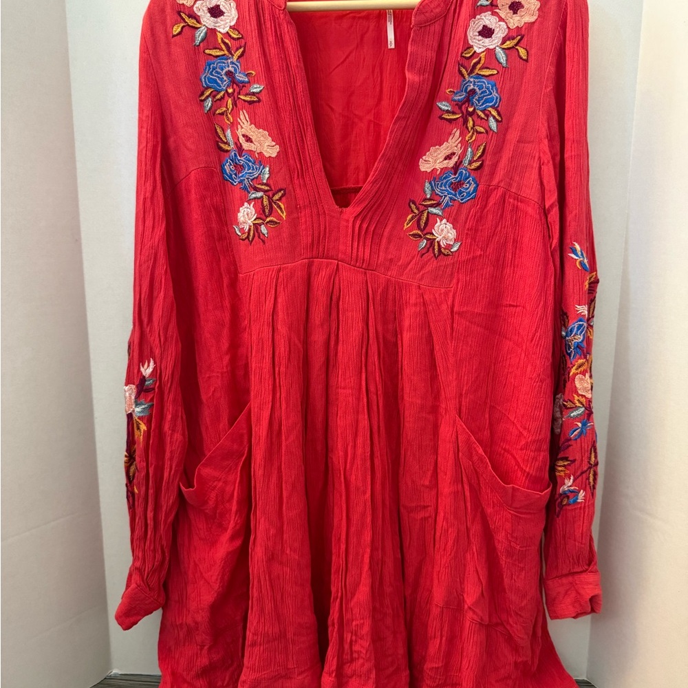 Free People- Embroidered Red Women's Top - maybe a dress? - Size Small